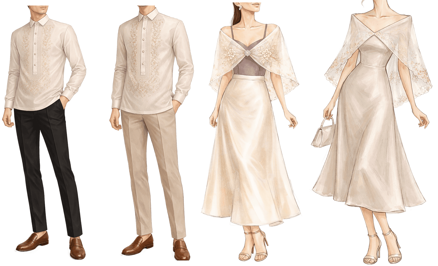 Dress code — Barong Tagalog for gentlemen and dresses with alampay for ladies
